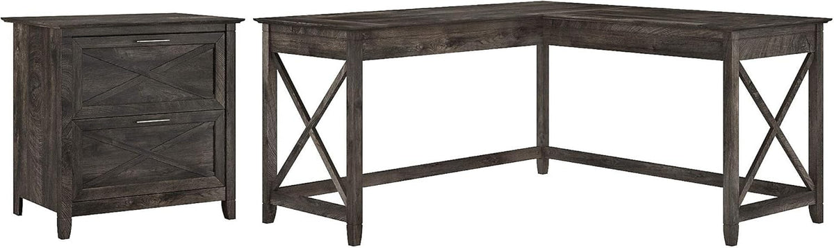 L Shaped Desk with 2 Drawer Lateral File Cabinet, Dark Gray Hickory T9051