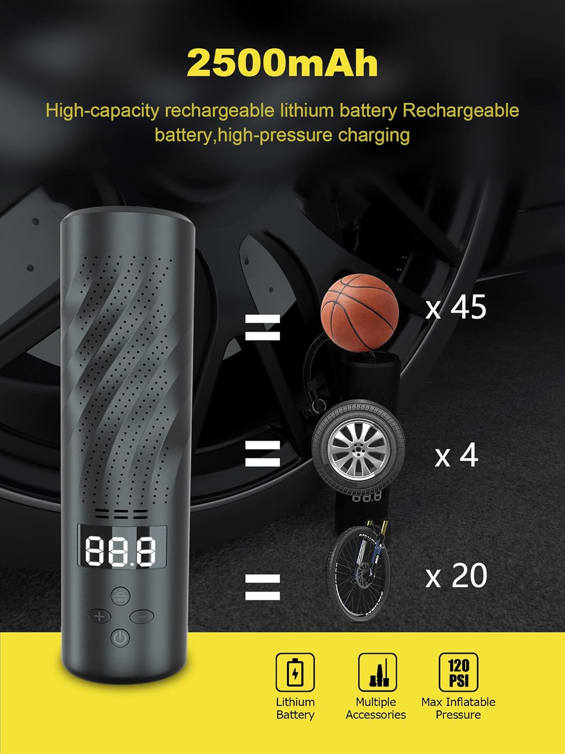 Electric Cordless Air Pump Tire Inflator with LED Light and Display, 2500 mAh Rechargeable H61129