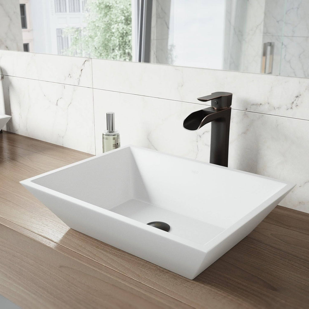 Matte Stone Vessel Bathroom Sink with Vessel Faucet in Antique Rubbed Bronze N46060