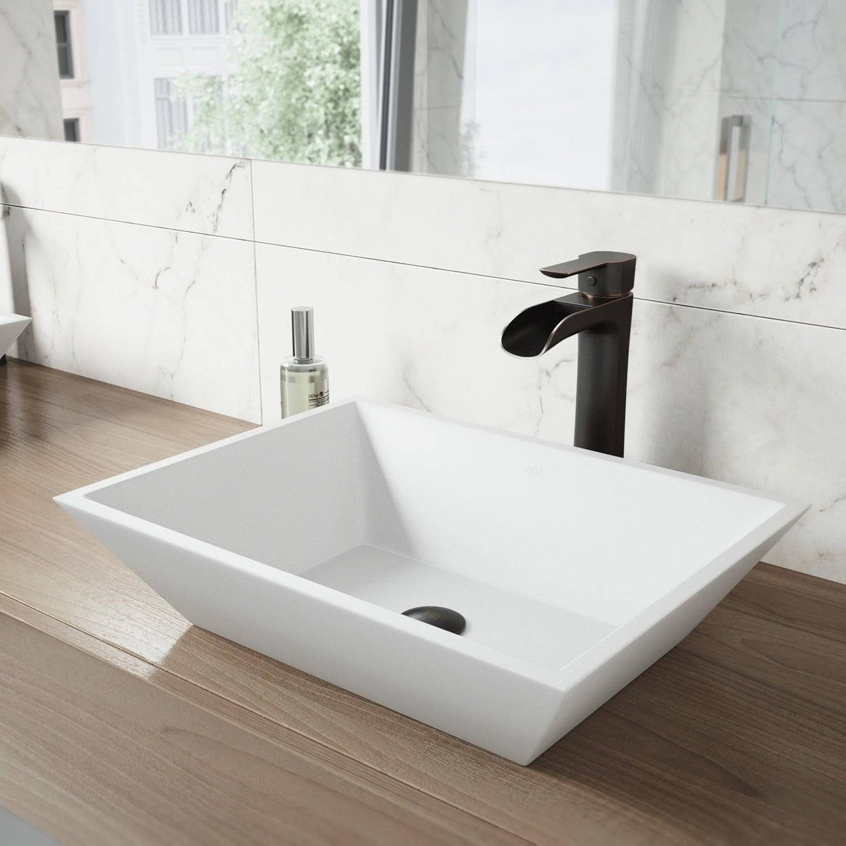 Matte Stone Vessel Bathroom Sink with Vessel Faucet in Antique Rubbed Bronze N46060