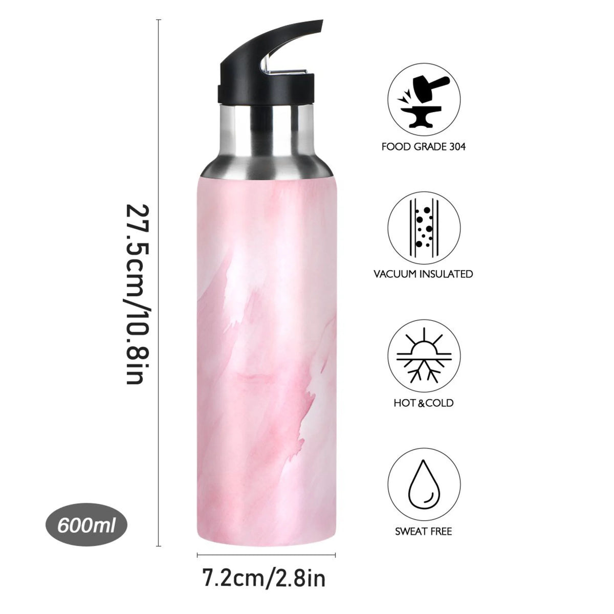 Pink Insulated Stainless Steel Water Bottle with Straw Lid 20 oz W64297