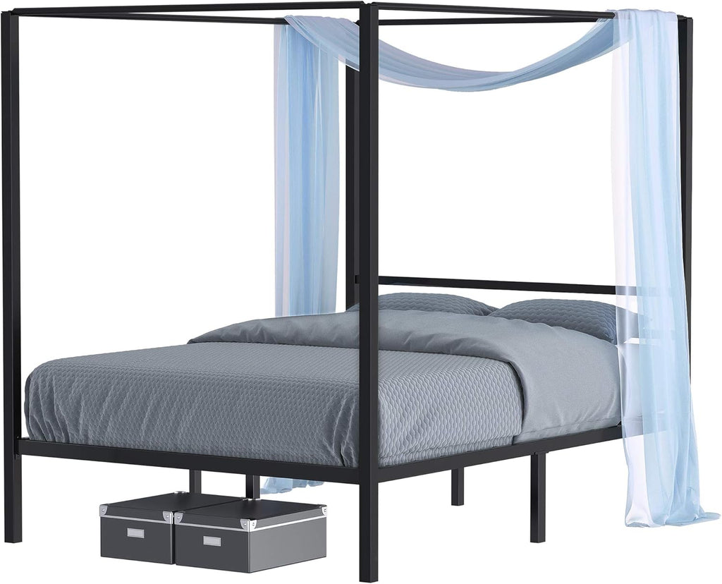 Queen Size Metal Canopy Bed Frame with Built-in Headboard P342