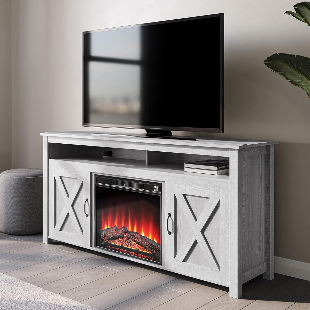 Modern Barn Door Wood Electric Fireplace TV Stand with Two Open Shelves and Cabinets V17015