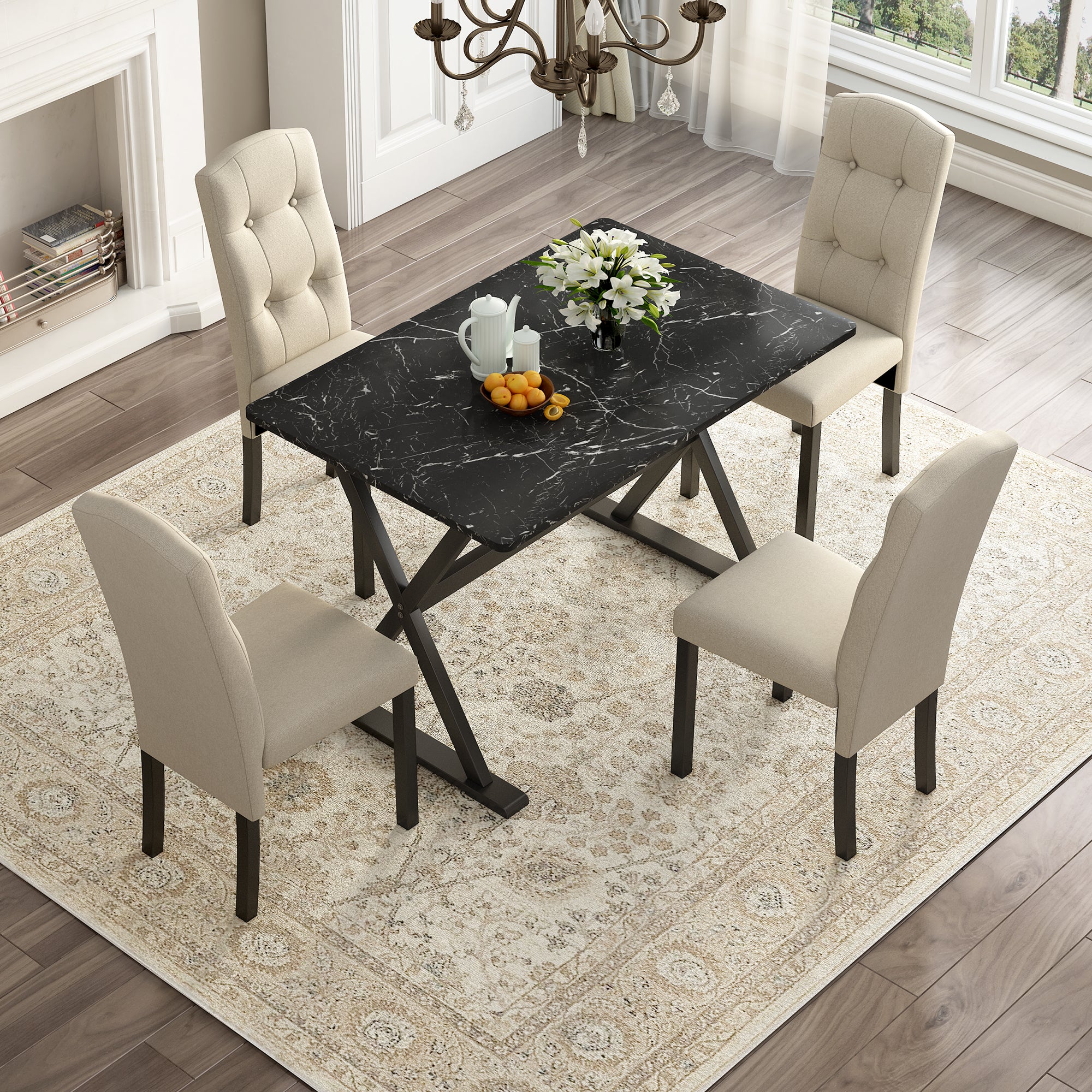 5 Piece Dining Set with Faux Marble Tabletop and 4 Upholstered Chairs N836