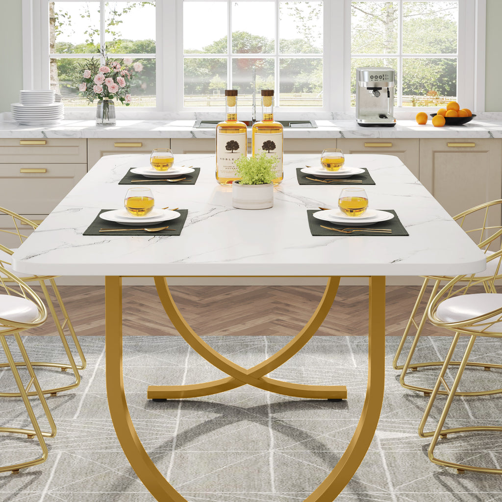 63 Inch Rectangular Faux Marble Dining Table with Metal Legs D34627