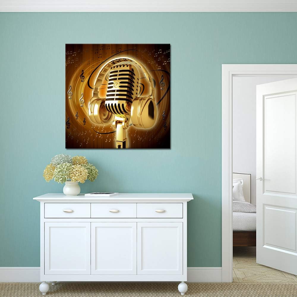 Gold Metal Microphone and Headset Musical Note Picture Print on Canvas 24x24inch U306