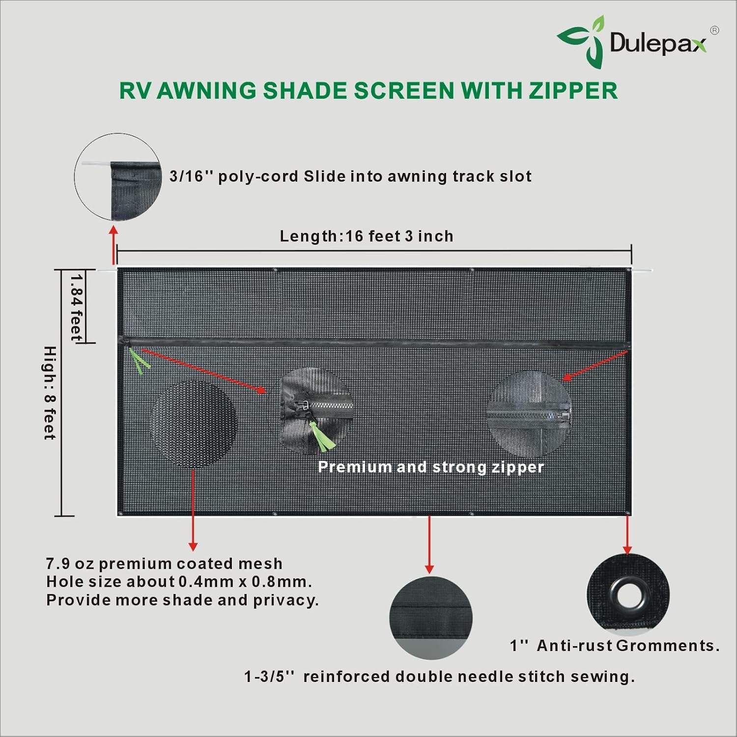 RV Awning Shade Screen with Zipper 8'X20'3'' Universal with Complete Kits N353