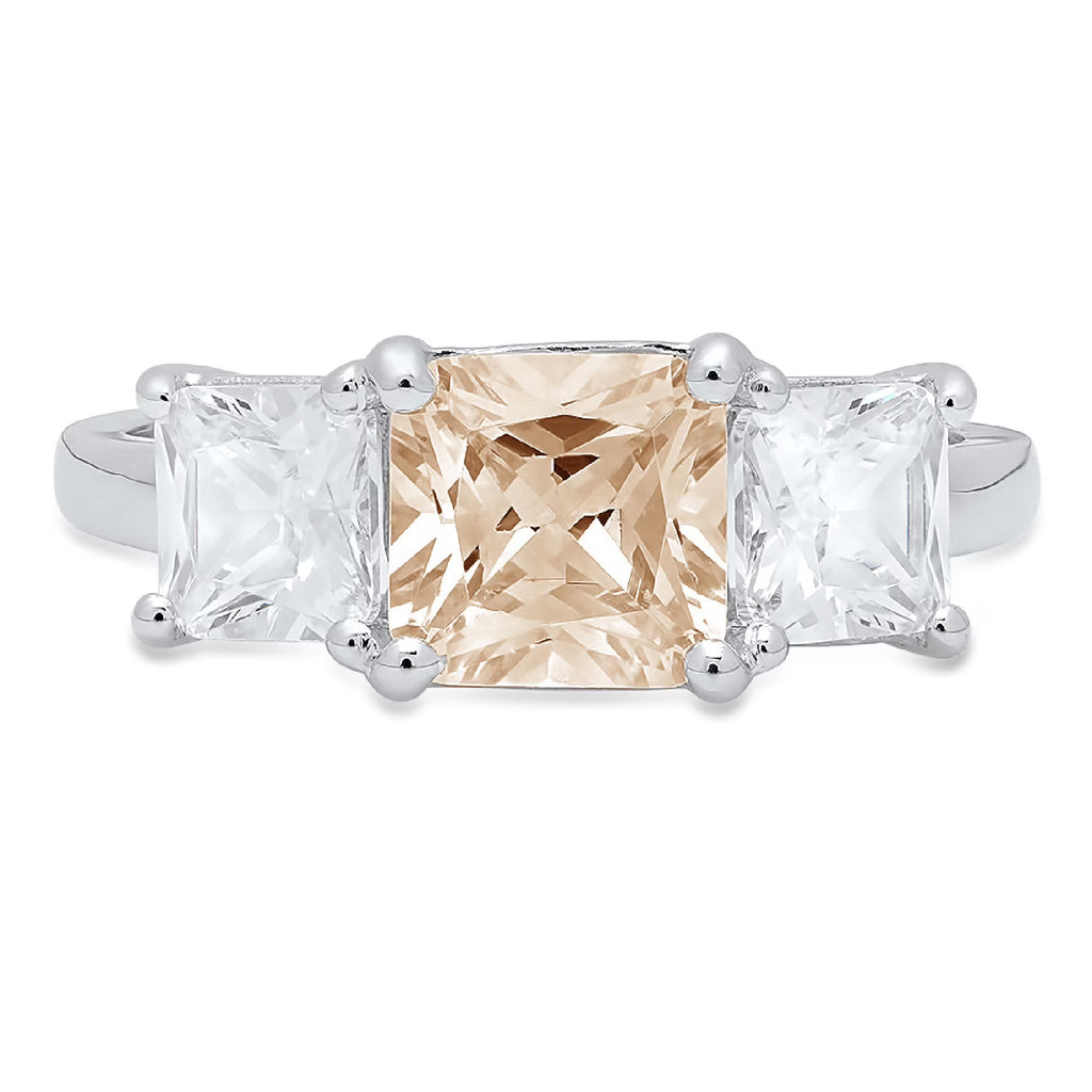 Champagne Simulated Diamond 18k White Gold 3 Stone Ring I3347