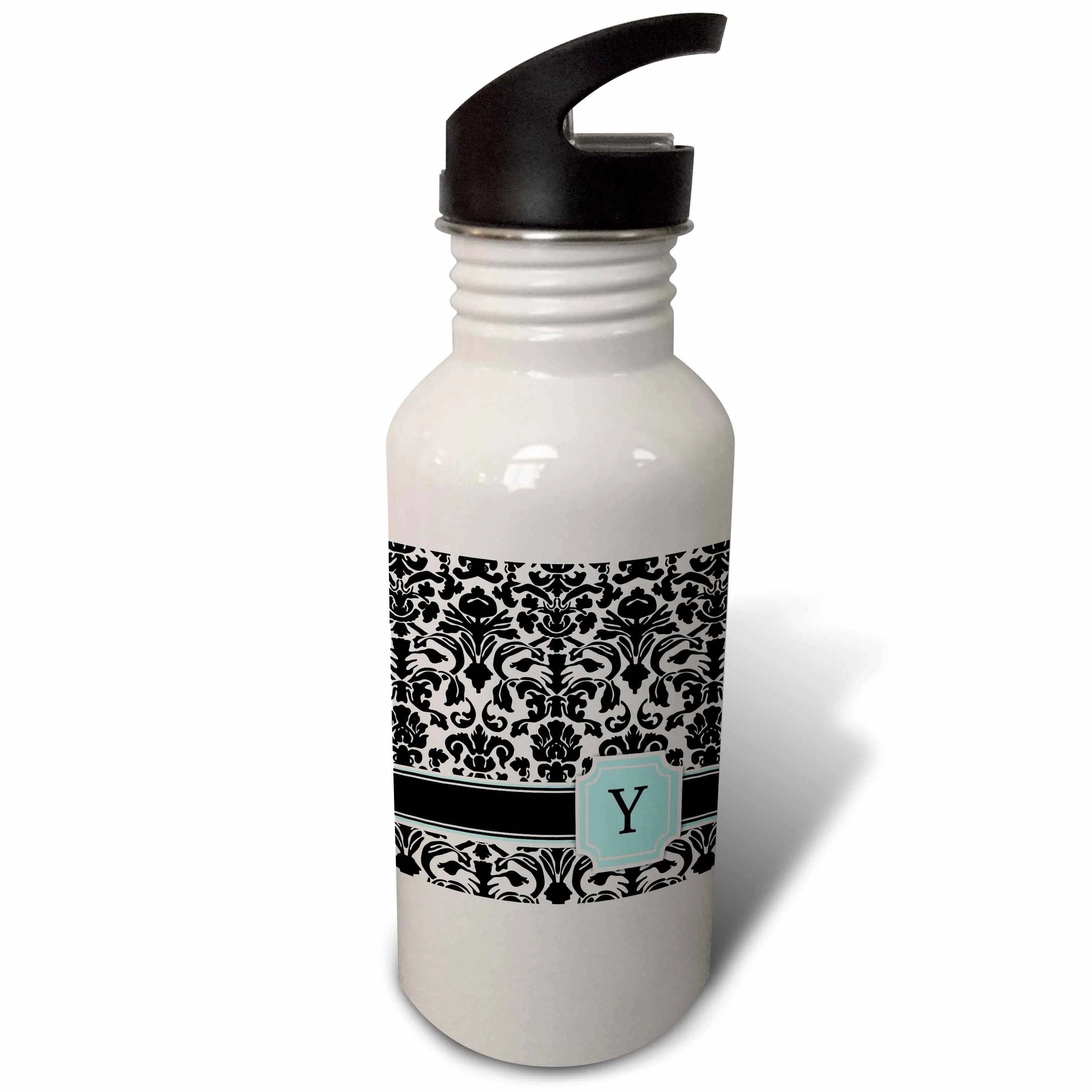 Mint Blue Black and White Damask Pattern 21 oz Sports Water Bottle E325
