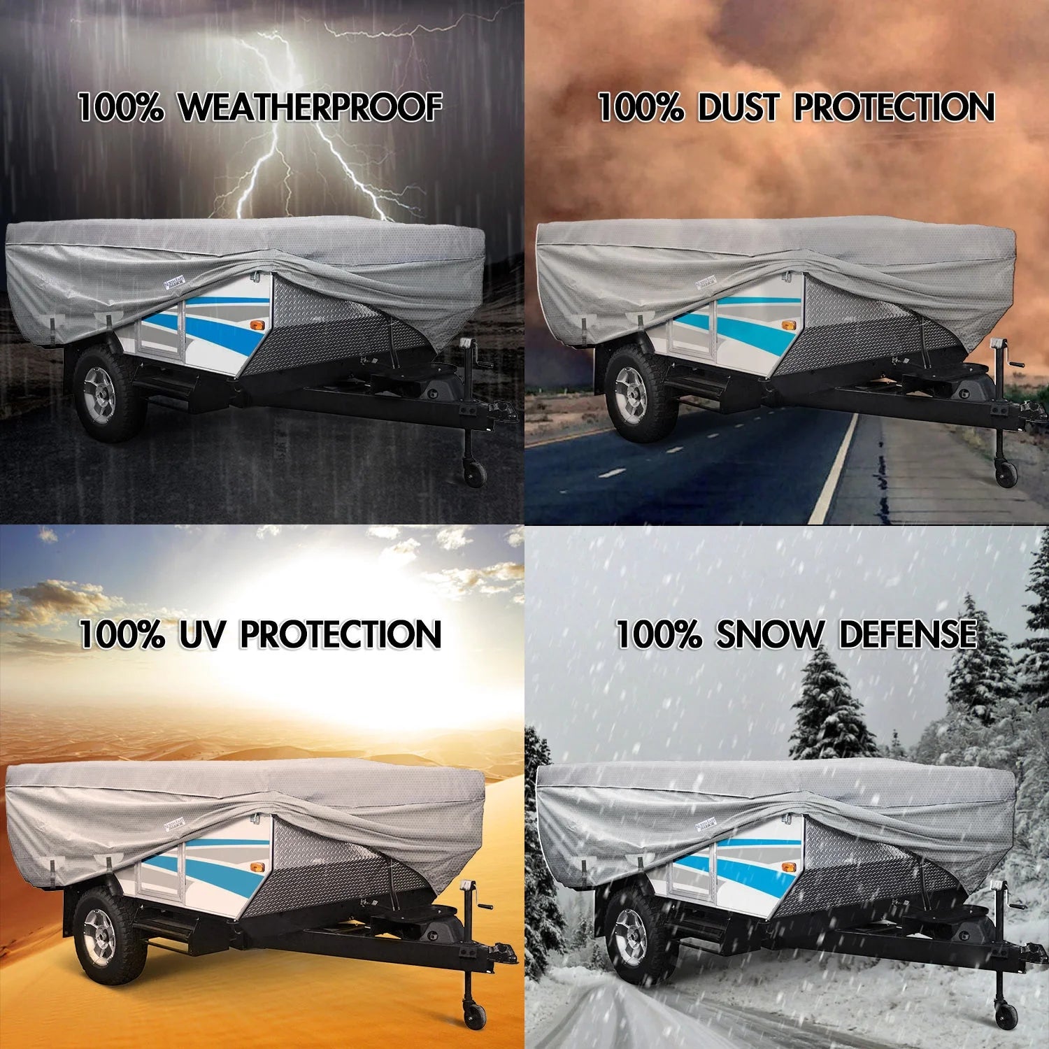 Waterproof Folding Camping Travel Trailer Storage Cover Fits Length 8'-10' Heavy Duty 4 Layer Fabric Pop-Up Tent Trailers Cover Y441270