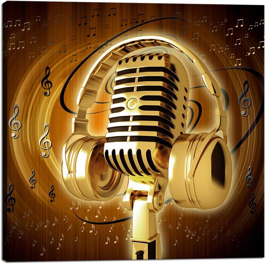 Gold Metal Microphone and Headset Musical Note Picture Print on Canvas 24x24inch U306