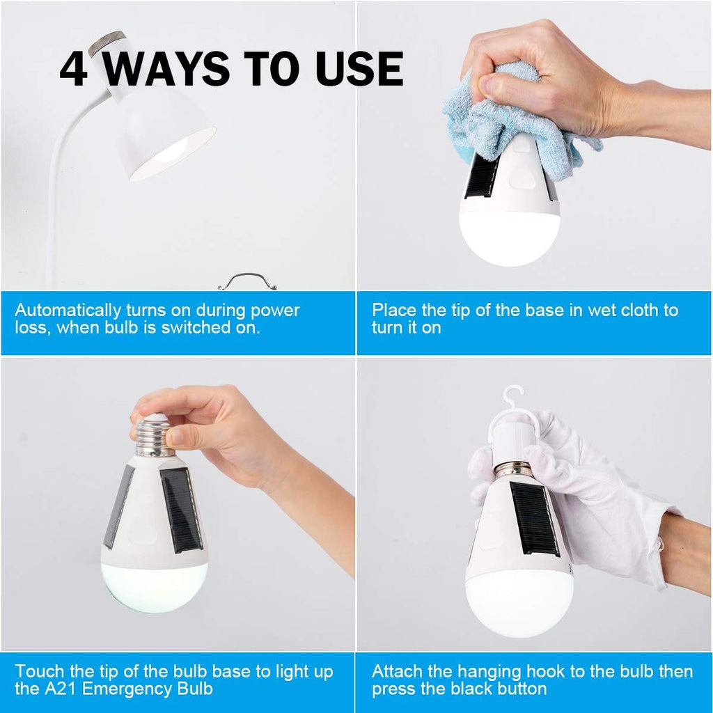 4 Pack LED Solar Rechargeable Emergency Light Bulbs, E26/E27 7W 6000k Y7954