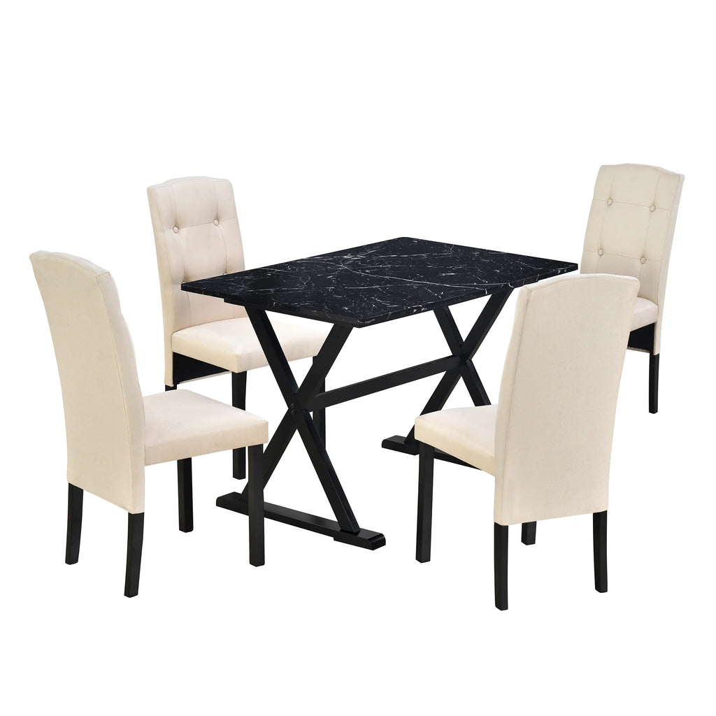 5 Piece Dining Set with Faux Marble Tabletop and 4 Upholstered Chairs N836