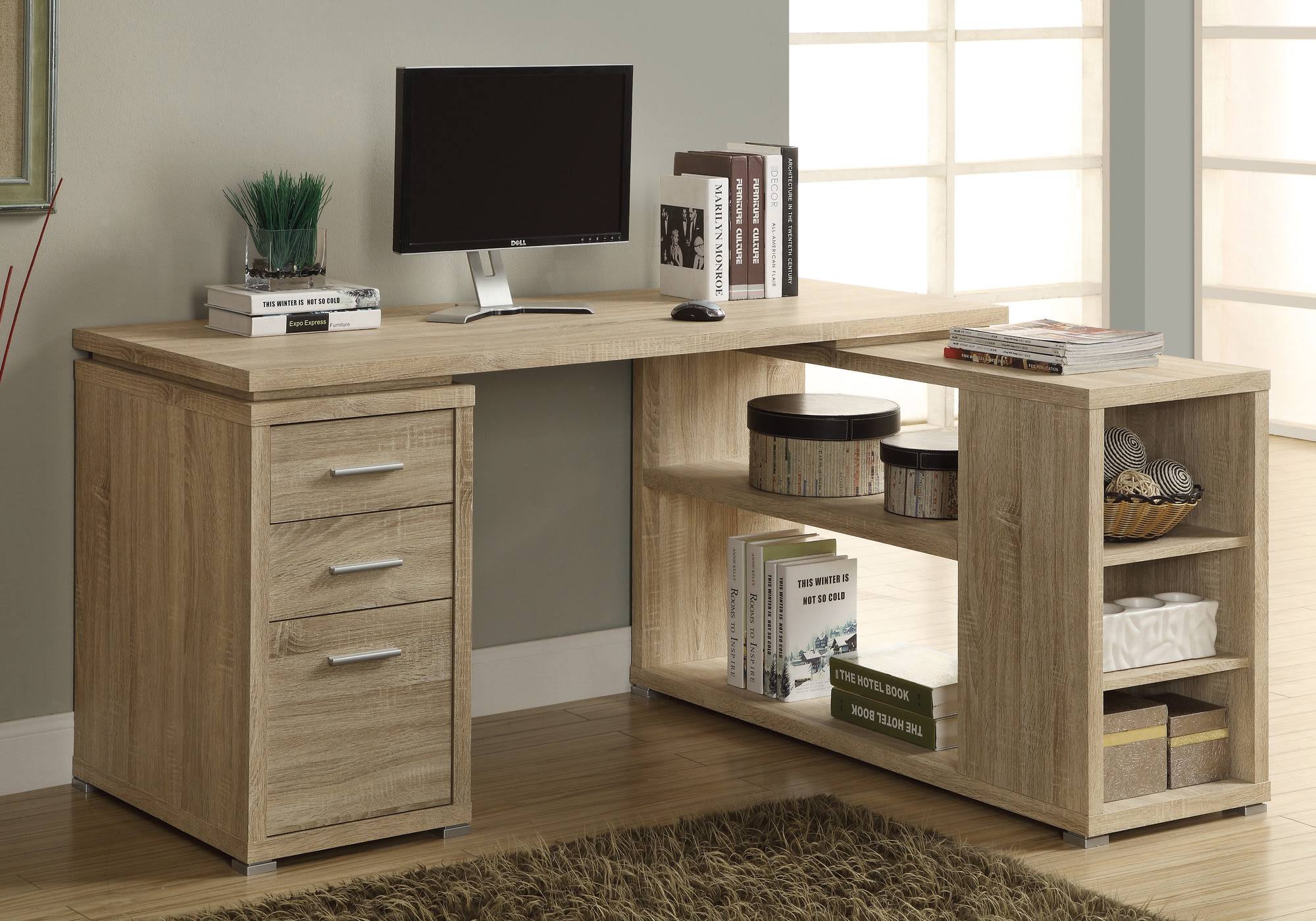 Natural Brown L-Shaped Computer Desk V9190