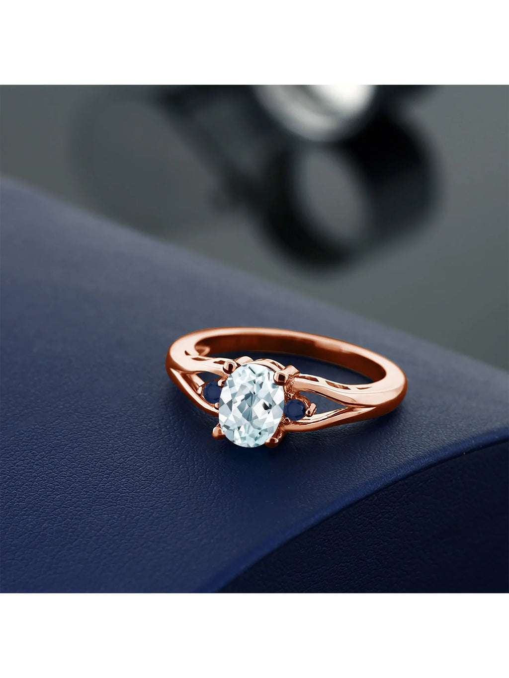 18K Rose Gold Plated Silver Sky Blue Aquamarine Blue Sapphire 3 Stone Engagement Ring Oval 8X6MM Round 2MM Size 7 Z482