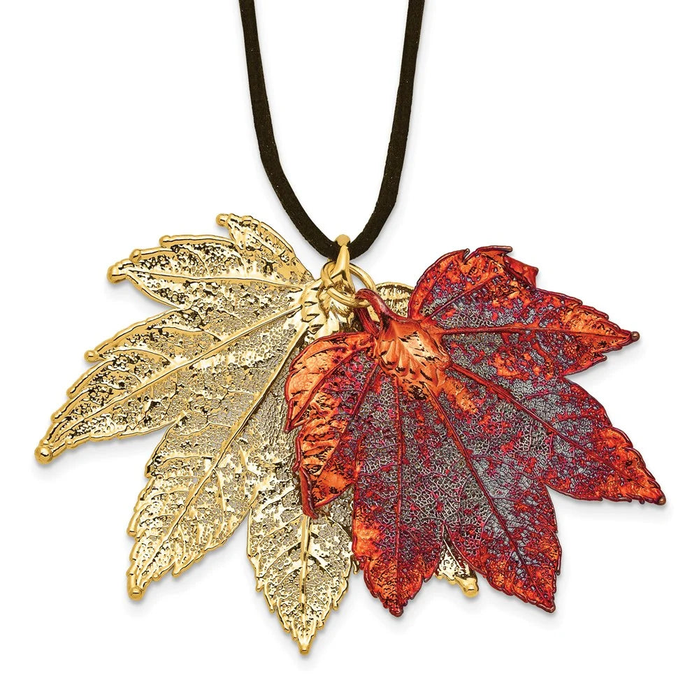 24k Gold Maple Leaves Leather Cord Necklace R18248
