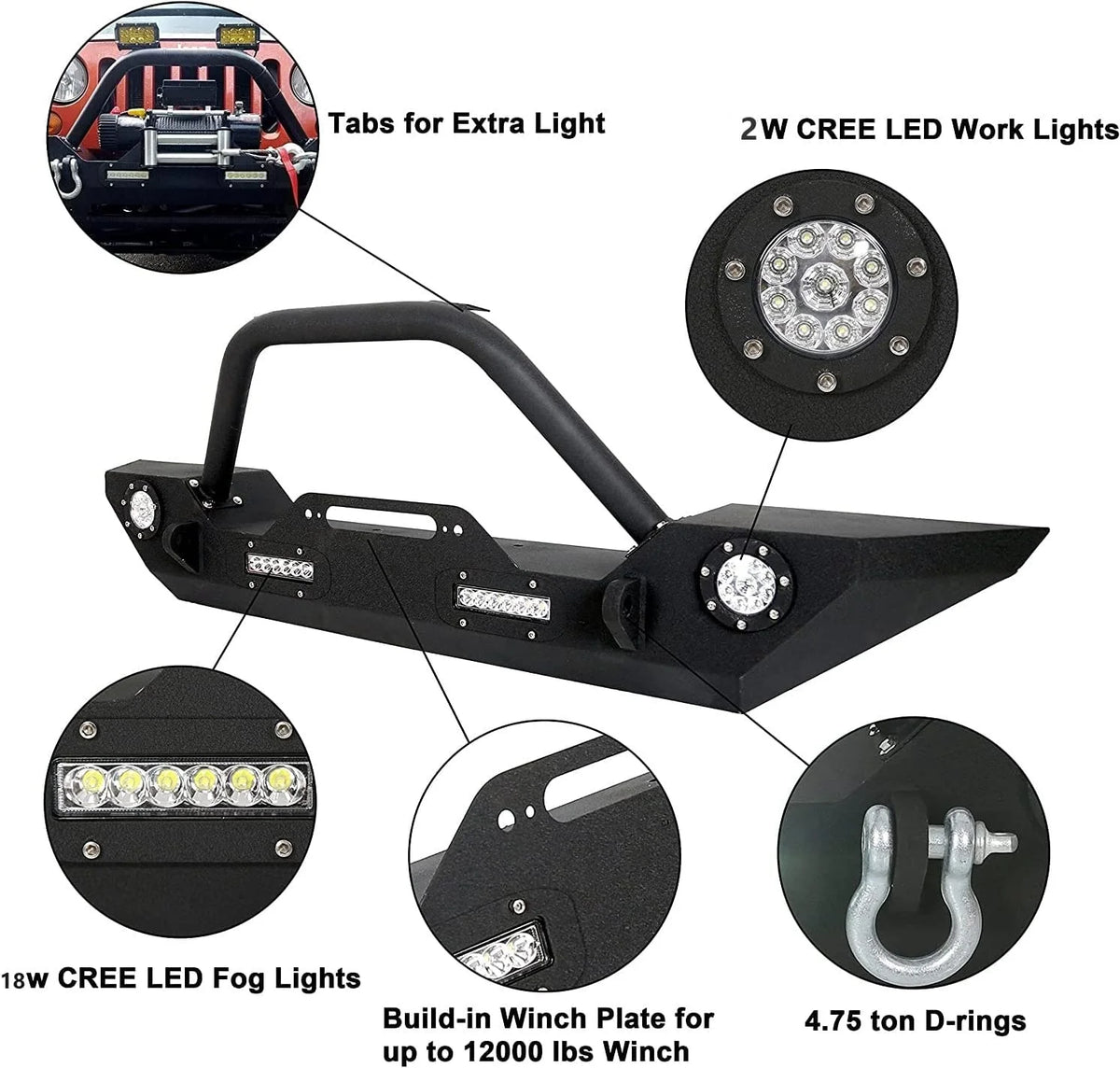 Front Bumper with Winch Plate LED Lights D-rings D880611