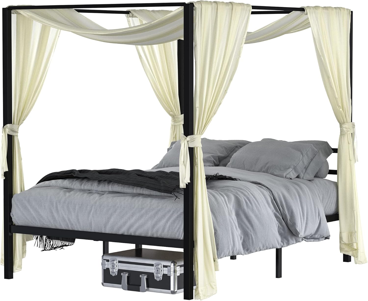 Queen Size Metal Canopy Bed Frame with Built-in Headboard P342