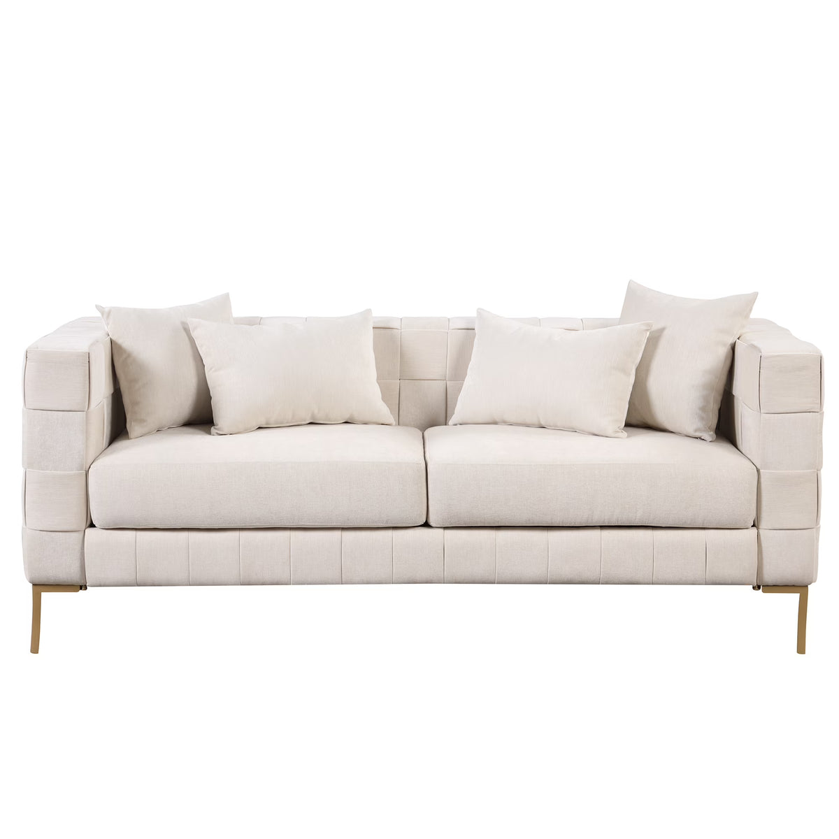 Beige Upholstered Sofa with 4 Pillows and Golden Metal Legs U1715