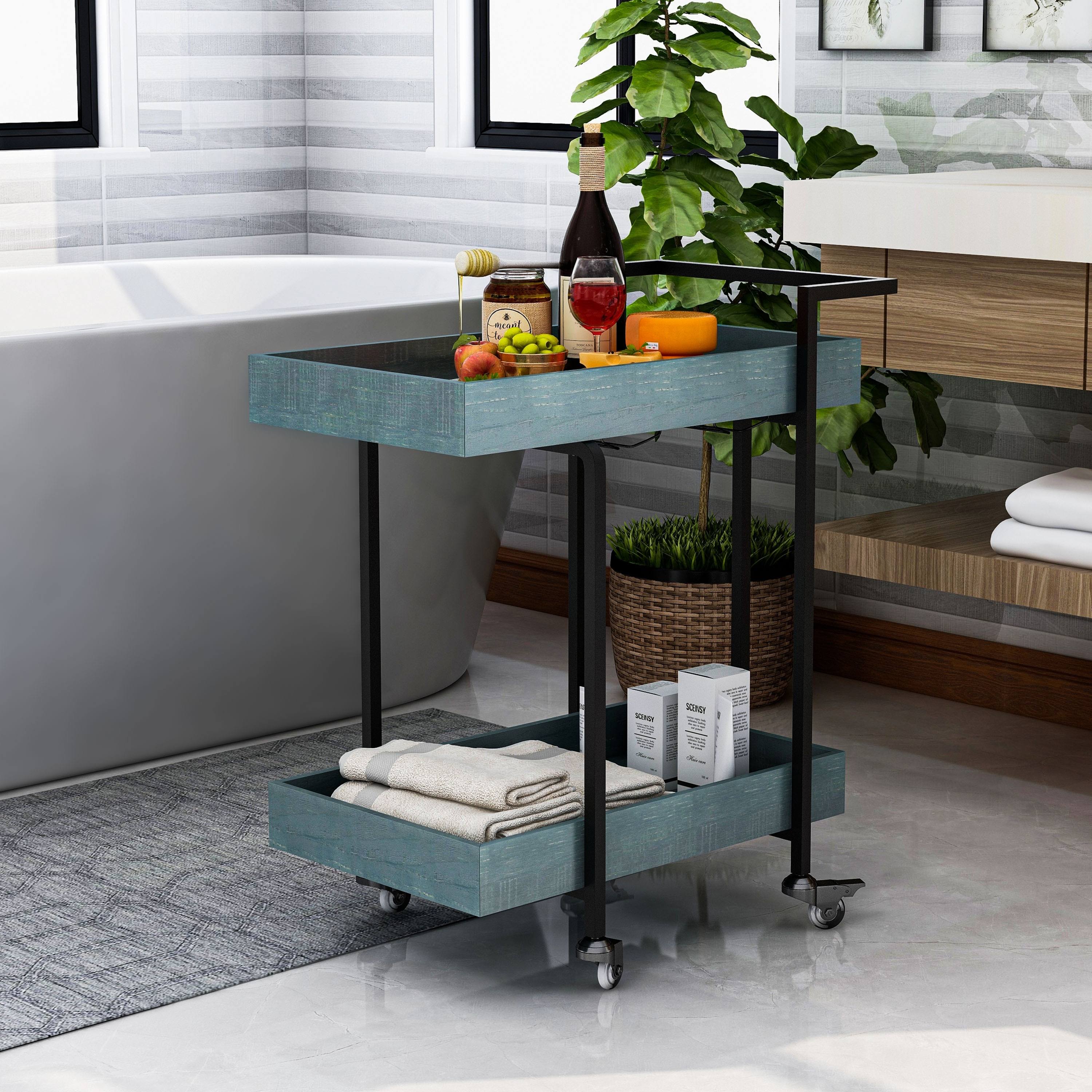 Antique White Industrial Serving Cart J273587