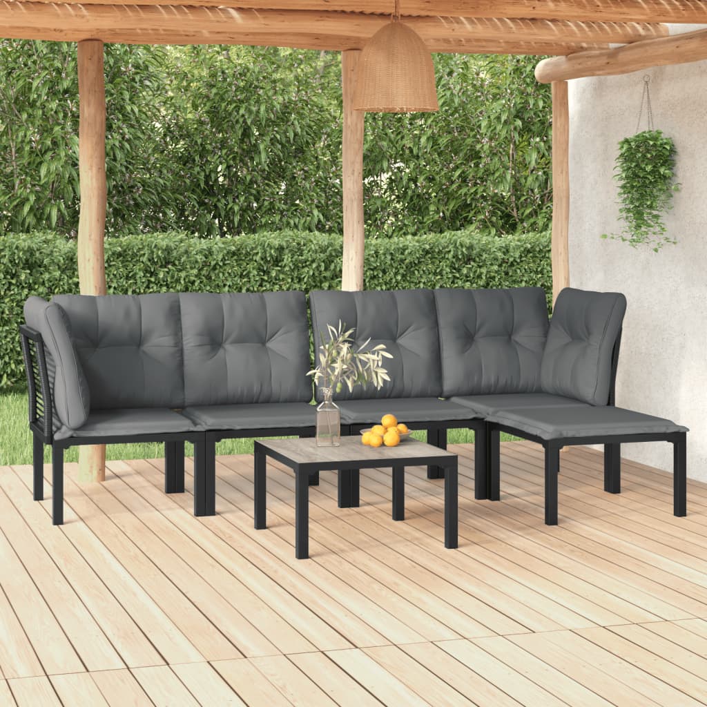 6 Piece Outdoor Patio Furniture Set, Sectional Sofa with Dark Gray Cushions, Black Poly Rattan V1014