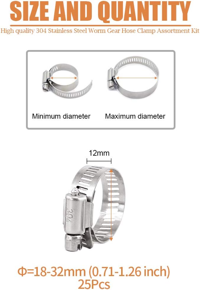 25Pcs Adjustable 304 Stainless Steel Worm Gear Hose Clamp Assortment Kit (18-32mm) U62803