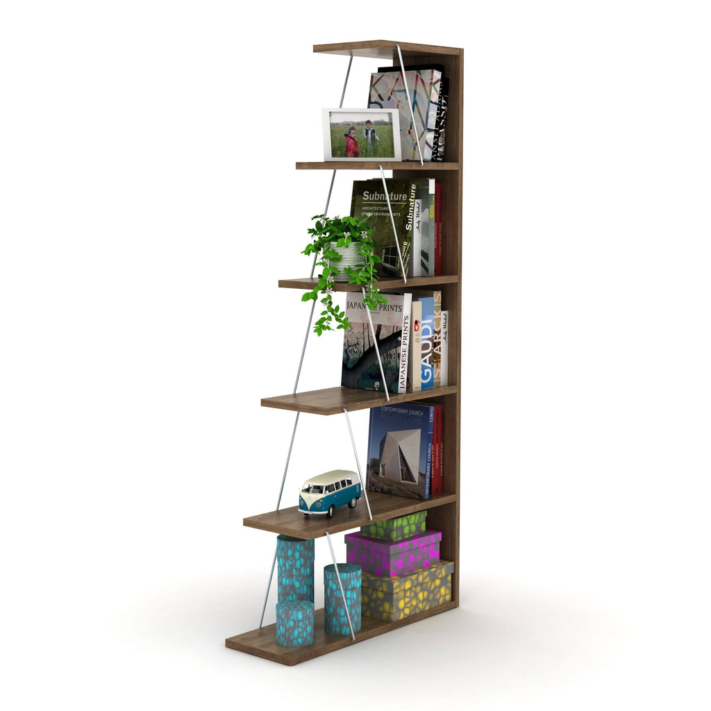 Chrome-White 5-Shelf Angled Bookcase F906