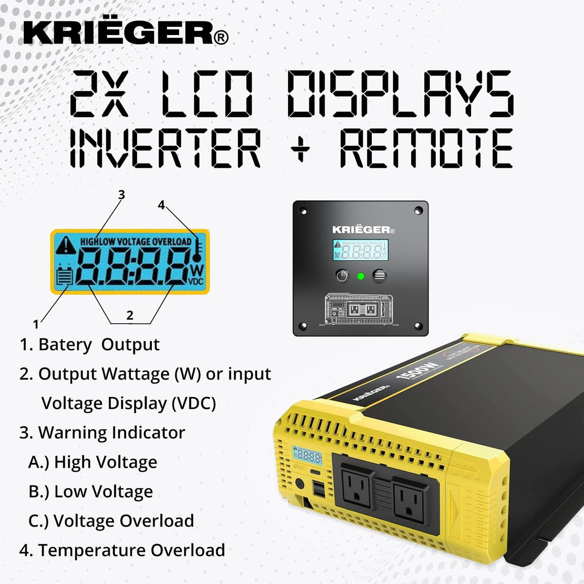 1500 Watt 12V Pure Sine Inverter Dual AC Outlets & USB O7440