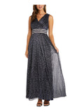 Navy Embellished Sheer Pleated Polka Dot Sleeveless V Neck Full-Length Evening Gown Dress Plus 18W Q746527