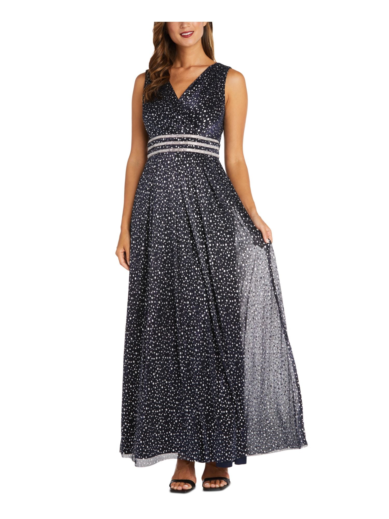 Navy Embellished Sheer Pleated Polka Dot Sleeveless V Neck Full-Length Evening Gown Dress Plus 18W Q746527