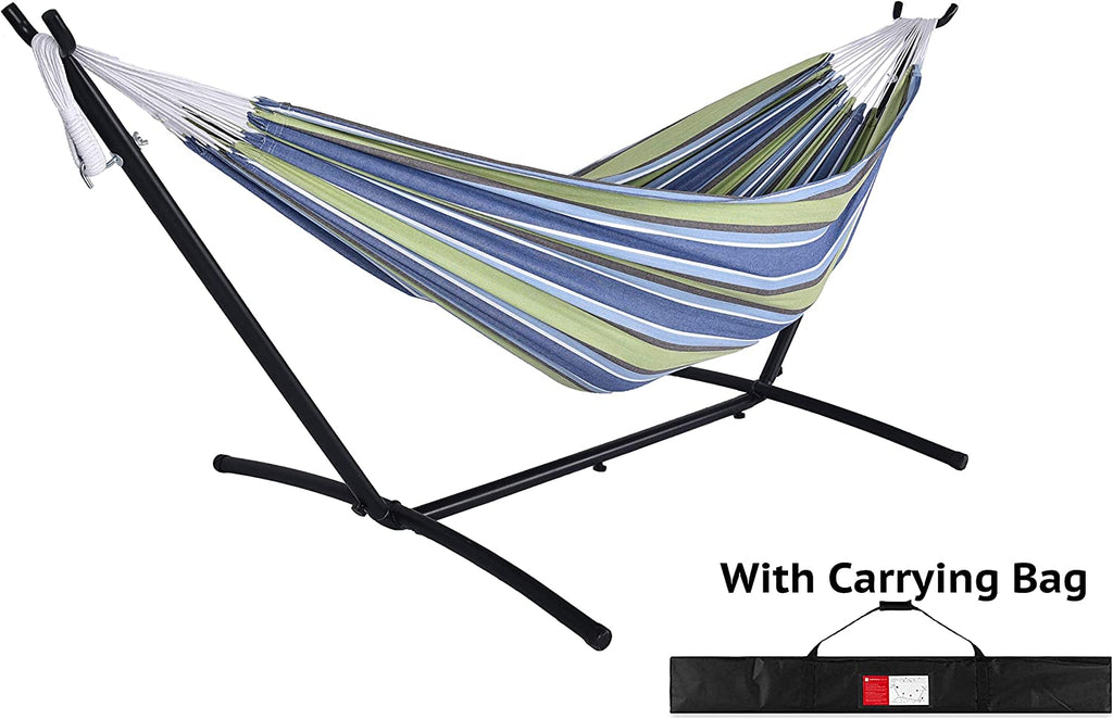 Blue Stripes Double Hammock Bed with Carrying Bag and Steel Stand I614