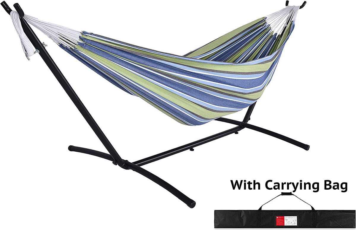 Blue Stripes Double Hammock Bed with Carrying Bag and Steel Stand I614