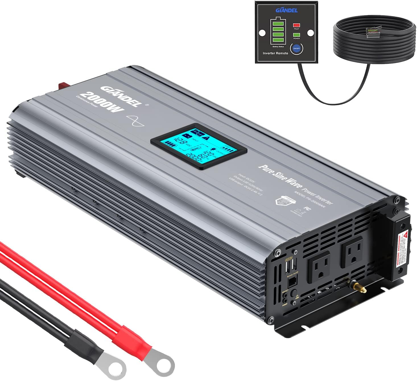 2000W Pure Sine Wave Power Inverter DC 12V to AC 120V with LCD Display Remote Controller Dual 2.4A USB Ports V7886