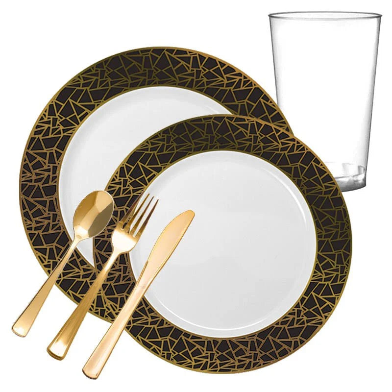 120 Settings White Black Gold Mosaic Rim Round Plastic Wedding Value Set I71272