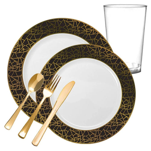 120 Settings White Black Gold Mosaic Rim Round Plastic Wedding Value Set I71272