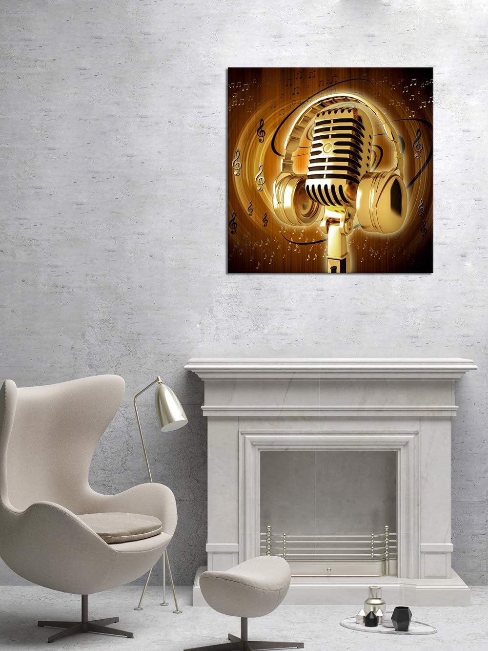 Gold Metal Microphone and Headset Musical Note Picture Print on Canvas 24x24inch U306